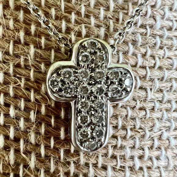 18K Gold Diamond Puffy Cross Necklace | Brilliant Pavé Pendant on 16" Chain VTG - Picture 3 of 16